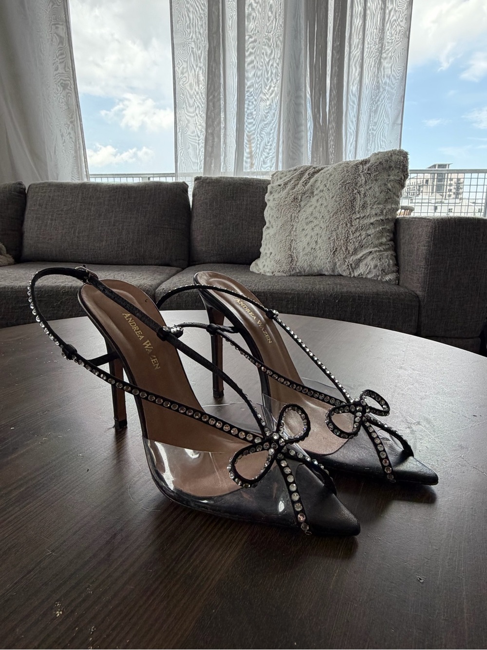 Crystal-Embellished Black Slingback Heels with Bow Detail